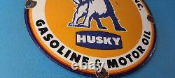 Vintage Husky Gasoline Porcelain Sign Hi Power Gas Motor Oil Pump Sign