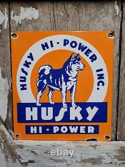 Vintage Husky Gasoline Porcelain Sign Hi-power Gas Pump Plate Service Station