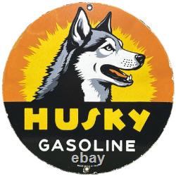 Vintage Husky Gasoline Porcelain Sign K-9 Gas Station Pump Plate Motor Oil Dog