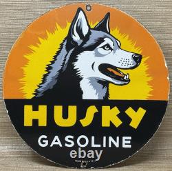 Vintage Husky Gasoline Porcelain Sign K-9 Gas Station Pump Plate Motor Oil Dog