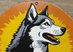 Vintage Husky Gasoline Porcelain Sign K-9 Gas Station Pump Plate Motor Oil Dog