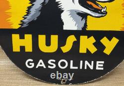 Vintage Husky Gasoline Porcelain Sign K-9 Gas Station Pump Plate Motor Oil Dog