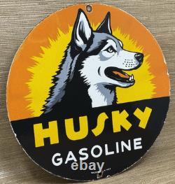 Vintage Husky Gasoline Porcelain Sign K-9 Gas Station Pump Plate Motor Oil Dog