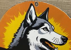 Vintage Husky Gasoline Porcelain Sign K-9 Gas Station Pump Plate Motor Oil Dog