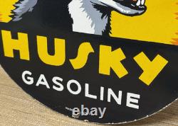 Vintage Husky Gasoline Porcelain Sign K-9 Gas Station Pump Plate Motor Oil Dog