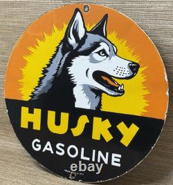 Vintage Husky Gasoline Porcelain Sign K-9 Gas Station Pump Plate Motor Oil Dog