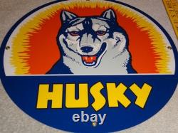 Vintage Husky Gasoline +dog 11 3/4 Porcelain Metal Service Station Gas Oil Sign