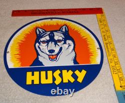 Vintage Husky Gasoline +dog 11 3/4 Porcelain Metal Service Station Gas Oil Sign
