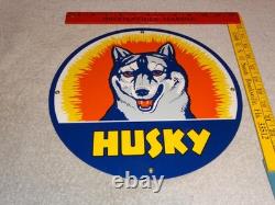 Vintage Husky Gasoline +dog 11 3/4 Porcelain Metal Service Station Gas Oil Sign