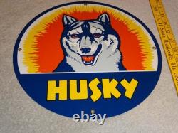 Vintage Husky Gasoline +dog 11 3/4 Porcelain Metal Service Station Gas Oil Sign