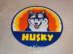 Vintage Husky Gasoline +dog 11 3/4 Porcelain Metal Service Station Gas Oil Sign