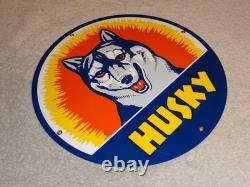 Vintage Husky Gasoline +dog 11 3/4 Porcelain Metal Service Station Gas Oil Sign