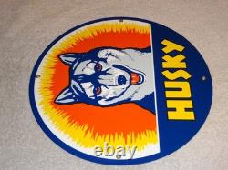 Vintage Husky Gasoline +dog 11 3/4 Porcelain Metal Service Station Gas Oil Sign