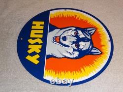 Vintage Husky Gasoline +dog 11 3/4 Porcelain Metal Service Station Gas Oil Sign