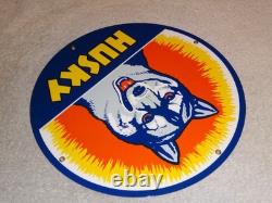 Vintage Husky Gasoline +dog 11 3/4 Porcelain Metal Service Station Gas Oil Sign