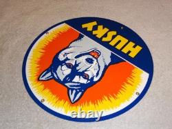 Vintage Husky Gasoline +dog 11 3/4 Porcelain Metal Service Station Gas Oil Sign