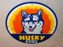 Vintage Husky Gasoline +dog 11 3/4 Porcelain Metal Service Station Gas Oil Sign