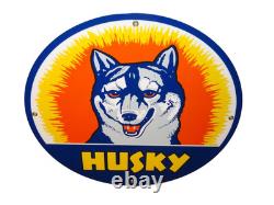 Vintage Husky Gasoline +dog 11 3/4 Porcelain Metal Service Station Gas Oil Sign