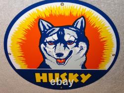 Vintage Husky Gasoline +dog 11 3/4 Porcelain Metal Service Station Gas Oil Sign