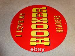 Vintage I Love My Hooker Headers 11 3/4 Porcelain Metal Car, Gasoline Oil Sign