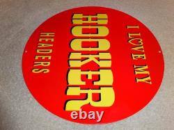 Vintage I Love My Hooker Headers 11 3/4 Porcelain Metal Car, Gasoline Oil Sign