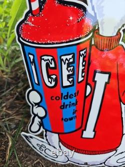 Vintage Icee Heavy Metal Porcelain Advertising Sign Ice Cream 12 X 9