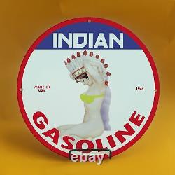 Vintage Indian 1945 Gasoline Girl Porcelain Enamel Gas Oil Station Pump Oil Sign