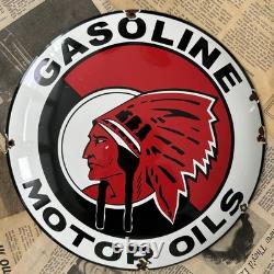 Vintage Indian Gasoline Motor Oils 12 Inch Convex Porcelain Enamel Sign