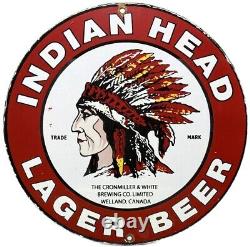 Vintage Indian Head Lager Beer Porcelain Sign Liquor Stor Bar Gas Oil Fiat Car