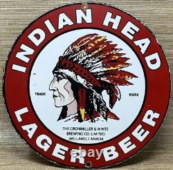Vintage Indian Head Lager Beer Porcelain Sign Liquor Stor Bar Gas Oil Fiat Car