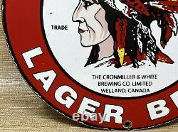 Vintage Indian Head Lager Beer Porcelain Sign Liquor Stor Bar Gas Oil Fiat Car