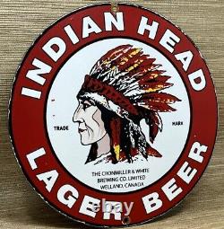 Vintage Indian Head Lager Beer Porcelain Sign Liquor Stor Bar Gas Oil Fiat Car