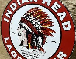 Vintage Indian Head Lager Beer Porcelain Sign Liquor Stor Bar Gas Oil Fiat Car