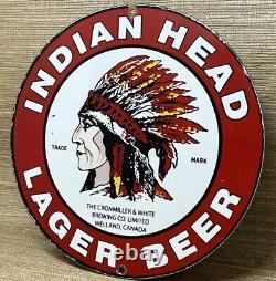 Vintage Indian Head Lager Beer Porcelain Sign Liquor Stor Bar Gas Oil Fiat Car