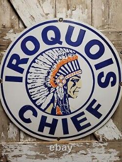 Vintage Iroquois Chief Porcelain Sign 30 Gasoline Dealer Rare Motor Oil Service