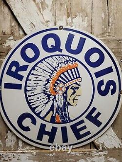 Vintage Iroquois Chief Porcelain Sign 30 Gasoline Dealer Rare Motor Oil Service