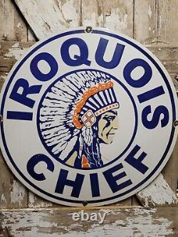 Vintage Iroquois Chief Porcelain Sign 30 Gasoline Dealer Rare Motor Oil Service