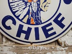 Vintage Iroquois Chief Porcelain Sign 30 Gasoline Dealer Rare Motor Oil Service