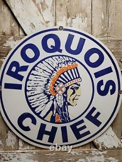 Vintage Iroquois Chief Porcelain Sign 30 Gasoline Dealer Rare Motor Oil Service