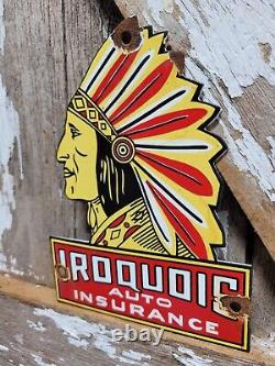 Vintage Iroquois Porcelain Sign Auto Insurance Chief Door Plaque Advertising