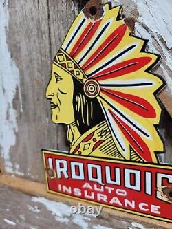 Vintage Iroquois Porcelain Sign Auto Insurance Chief Door Plaque Advertising