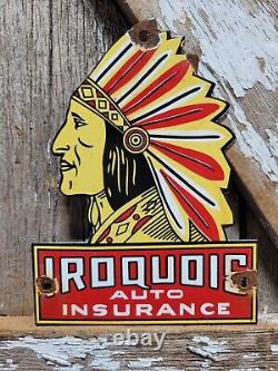 Vintage Iroquois Porcelain Sign Auto Insurance Chief Door Plaque Advertising