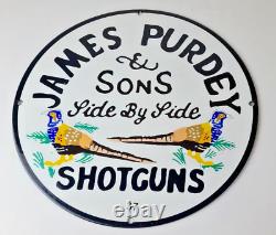 Vintage James Purdey Sign Hunting Firearms Shot Gun Gas Pump Porcelain Sign
