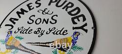 Vintage James Purdey Sign Hunting Firearms Shot Gun Gas Pump Porcelain Sign