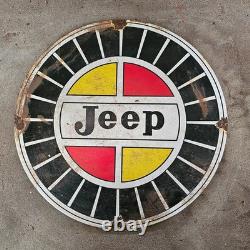Vintage Jeep Yellow Red Old Us Gasoline Oil Gas Pump Enamel Porcelain Sign