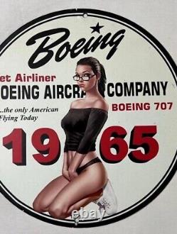 Vintage Jetliner Boeing Aircraft Pinup Girl Porcelain Gas Oil Aviation Aero Sign