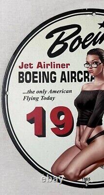 Vintage Jetliner Boeing Aircraft Pinup Girl Porcelain Gas Oil Aviation Aero Sign