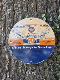 Vintage Johnson Gasoline Porcelain Sign Gives Wings To Your Car 12