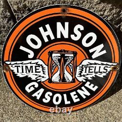 Vintage Johnson Gasoline Sign Time Tells Gas Oil Pump Plate Porcelain Sign