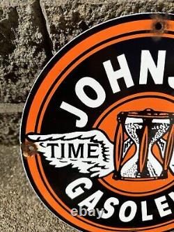 Vintage Johnson Gasoline Sign Time Tells Gas Oil Pump Plate Porcelain Sign